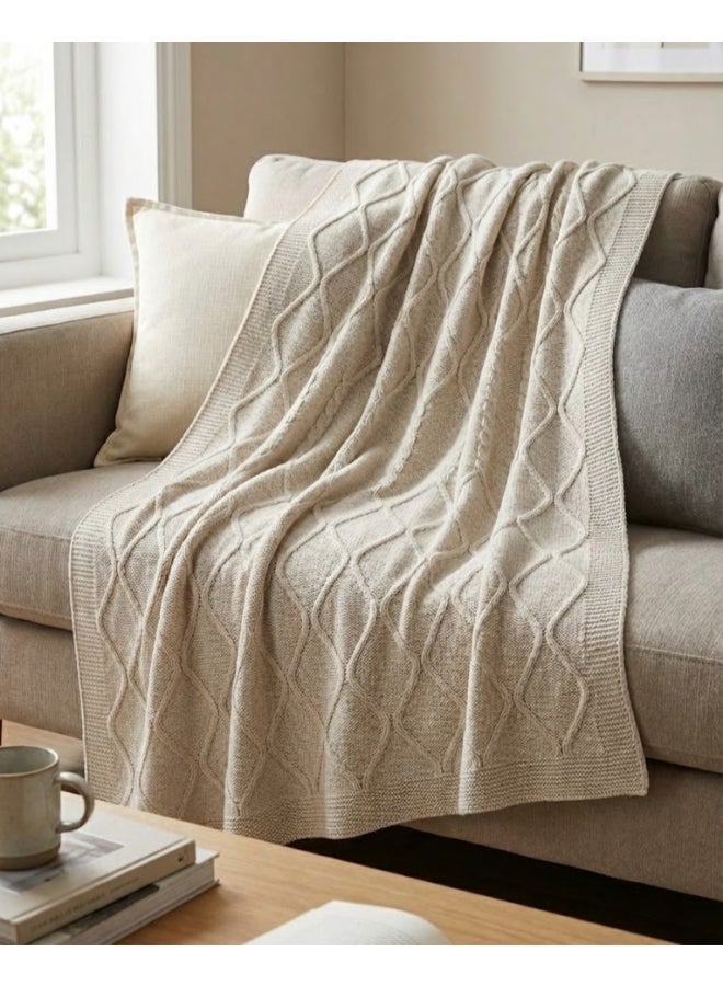 Ambrosia Diamond Cotton Knitted Throw Beige - 130 x 160 cm - 400GSM - Image 1